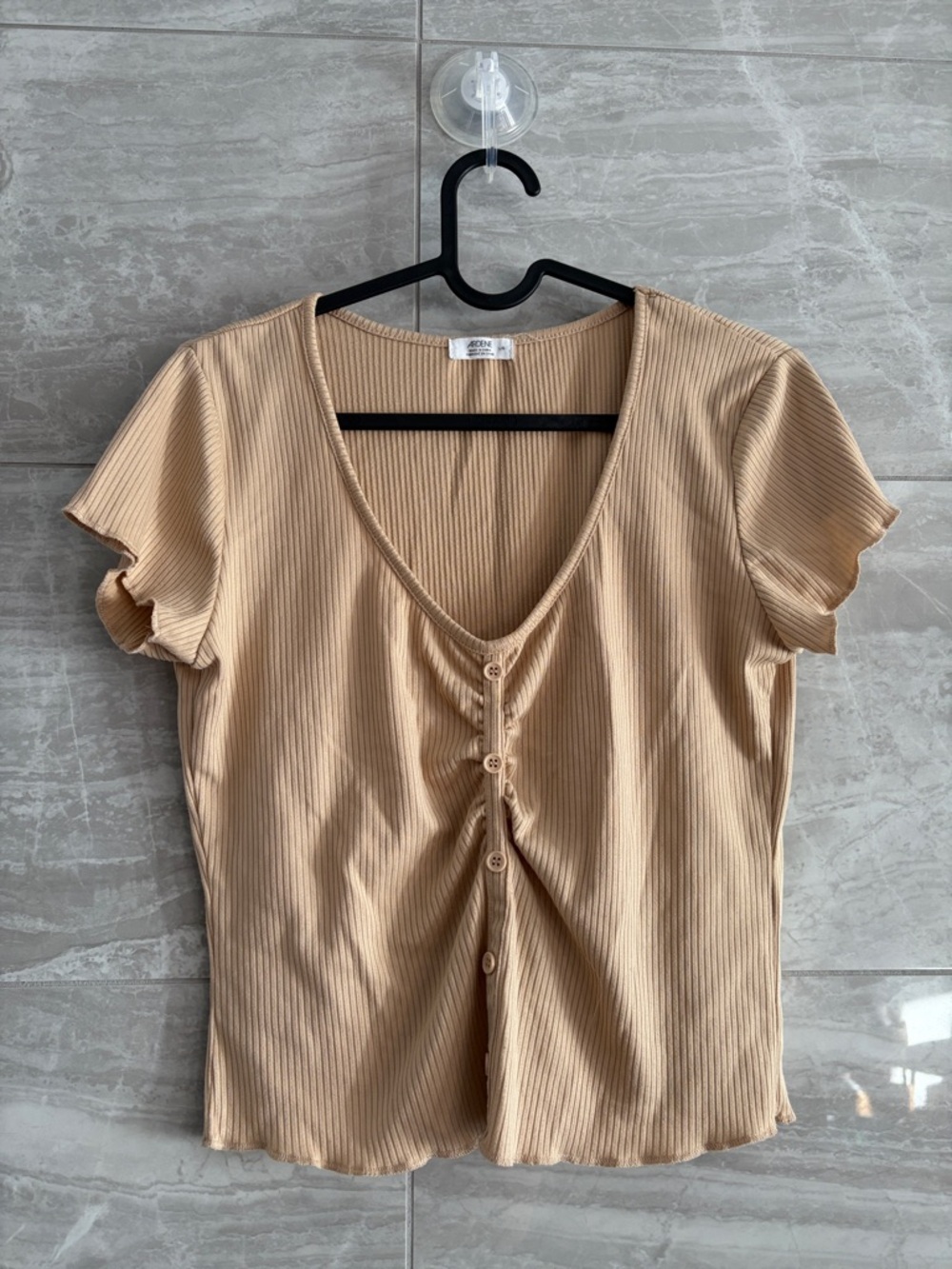Ardene Beige Ribbed Button-Front V-Neck Short Sleeve Top